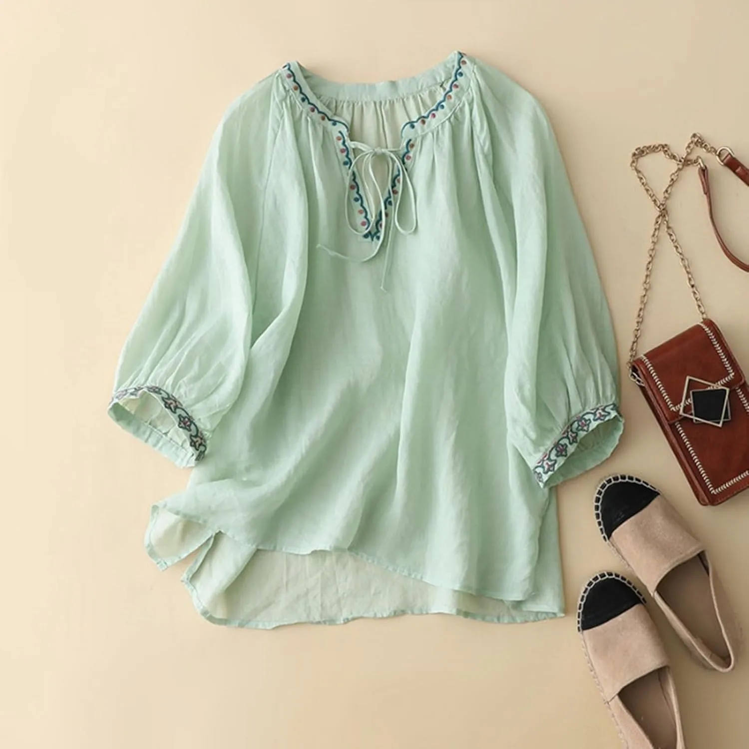 Cotton Linen Tops for Women Trendy Embroidered Blouses Short Sleeve Crew Neck Boho Tunic Tops Casual Loose T-Shirt