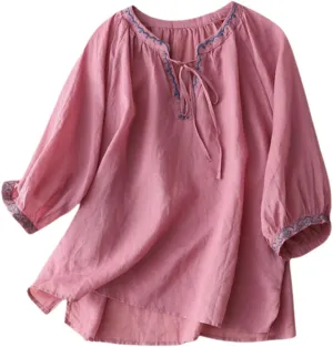 Cotton Linen Tops for Women Trendy Embroidered Blouses Short Sleeve Crew Neck Boho Tunic Tops Casual Loose T-Shirt