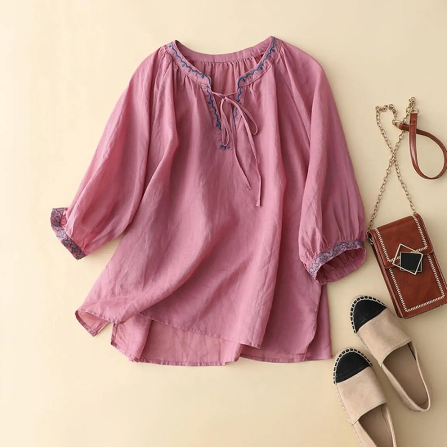 Cotton Linen Tops for Women Trendy Embroidered Blouses Short Sleeve Crew Neck Boho Tunic Tops Casual Loose T-Shirt