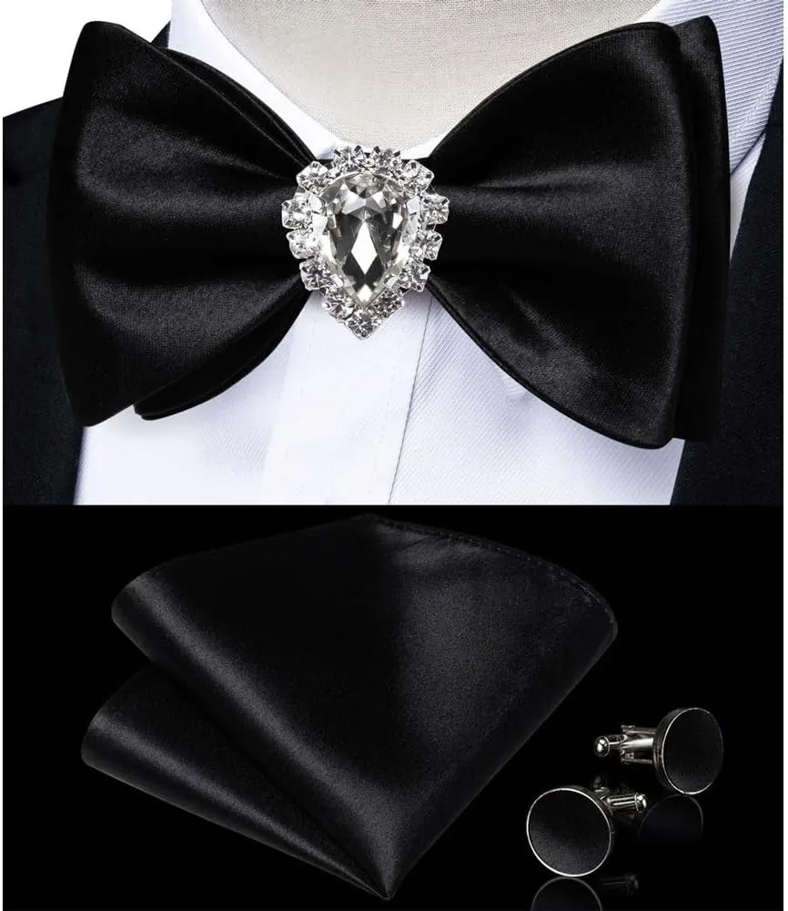 CSCDD Self-tie Bowtie Pocket Square Cufflinks Set Classic Solid Silk Bow Tie Knot for Wedding