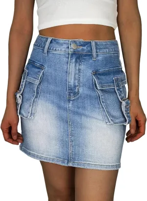 Denim Cargo Skirt for Women High Waisted Mini Jean Skirt with Pockets Cute Short Skirts for Women