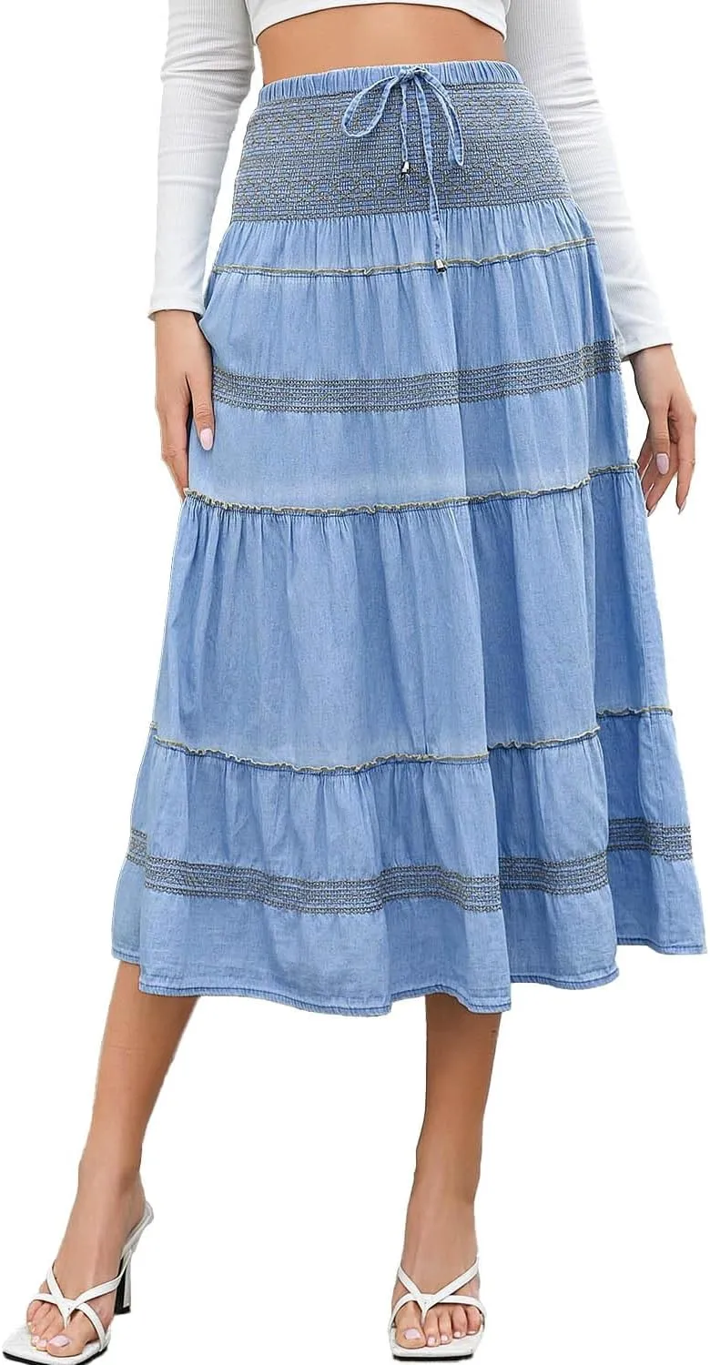 DREFBUFY Maxi Skirt Womens High Waist Pleated Tiered Long Skirts Denim Casual Style Midi Dress for Women