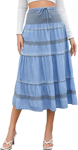 DREFBUFY Maxi Skirt Womens High Waist Pleated Tiered Long Skirts Denim Casual Style Midi Dress for Women