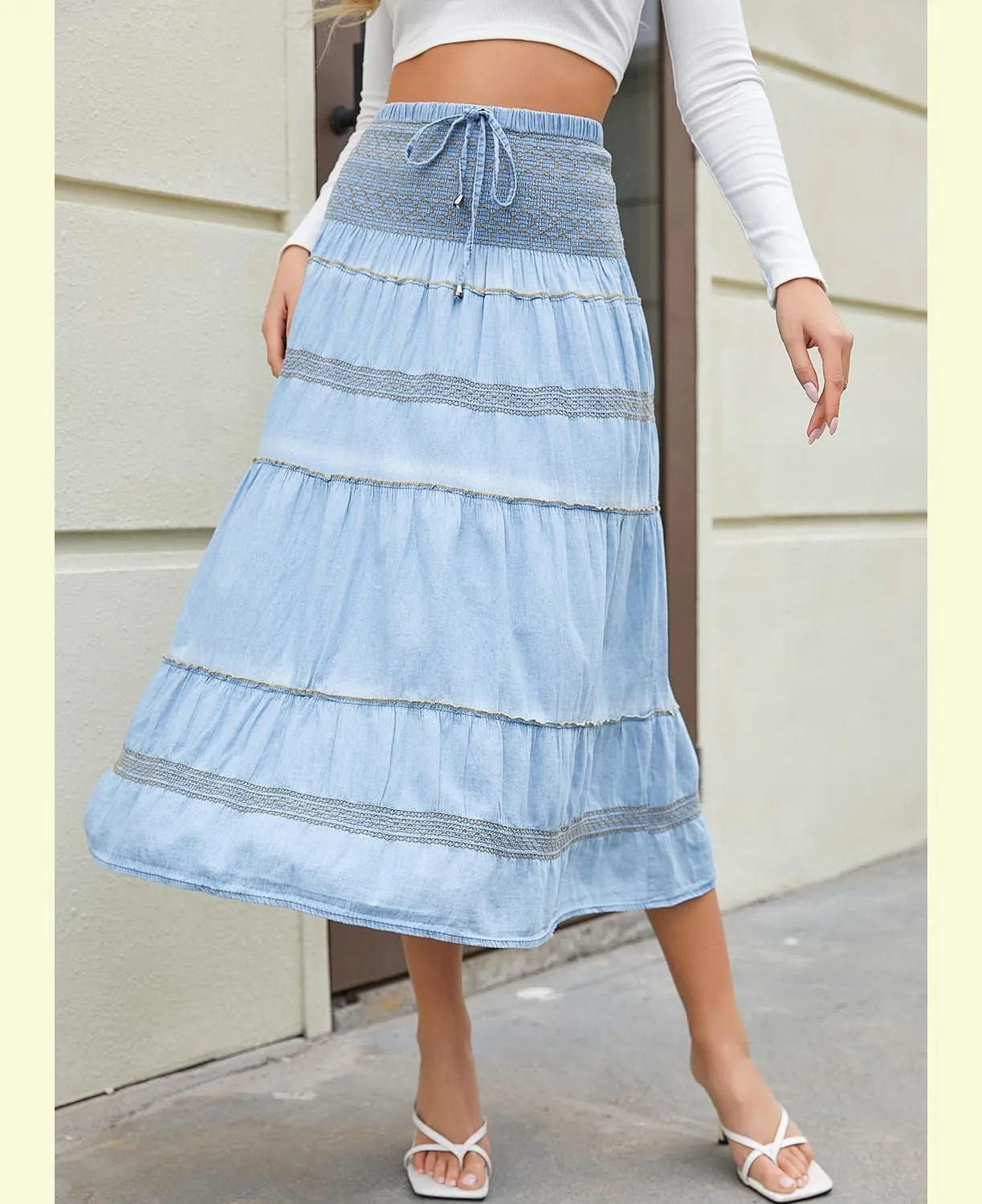 DREFBUFY Maxi Skirt Womens High Waist Pleated Tiered Long Skirts Denim Casual Style Midi Dress for Women