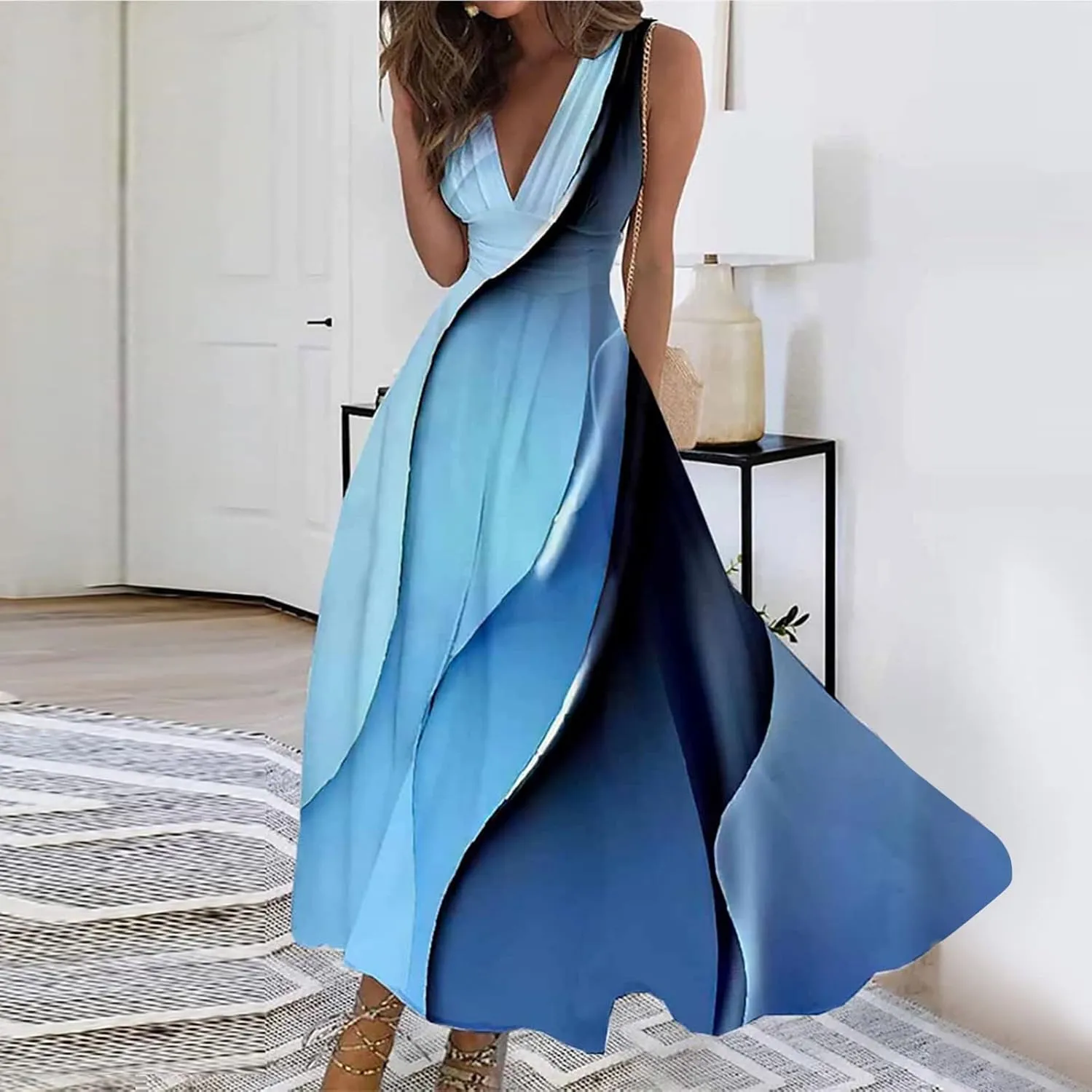 Dresses for Women 2024 Sleeveless Floral Print Maxi Dress Flowy Ruched Wrap V Neck Sundresses Spring Boho Dress