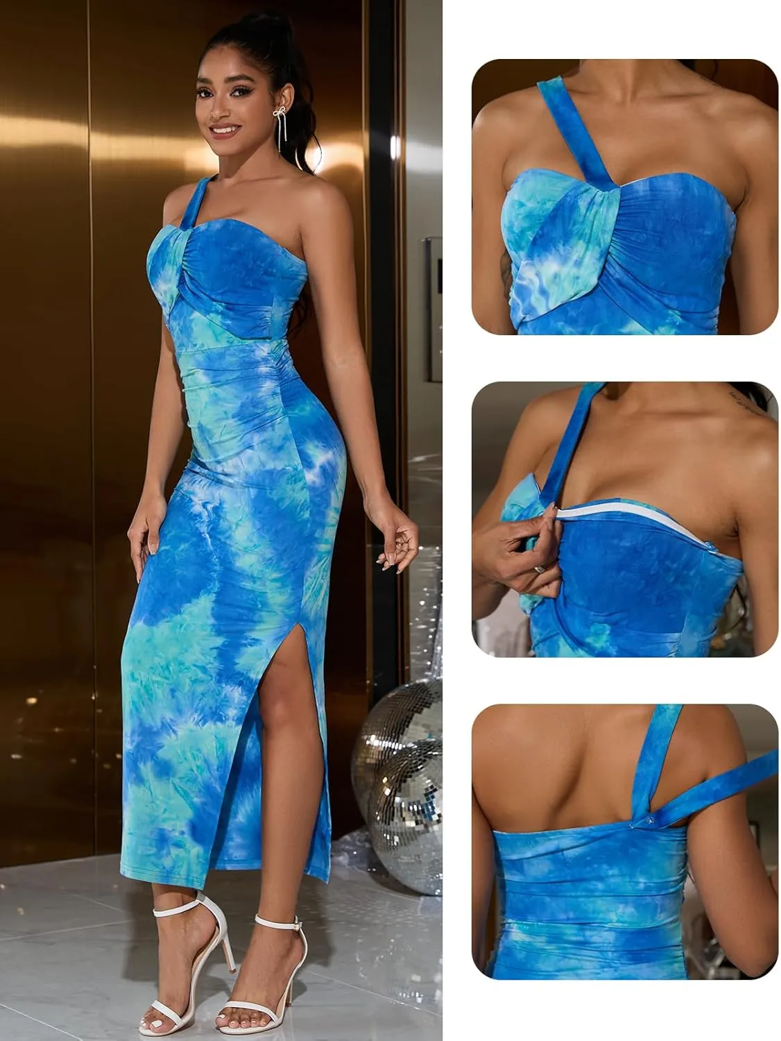 DRESSTELLS Women's Summer Maxi Bodycon Cami Dresses Tie Dye Floral Backless Long Party Club Slit Dress