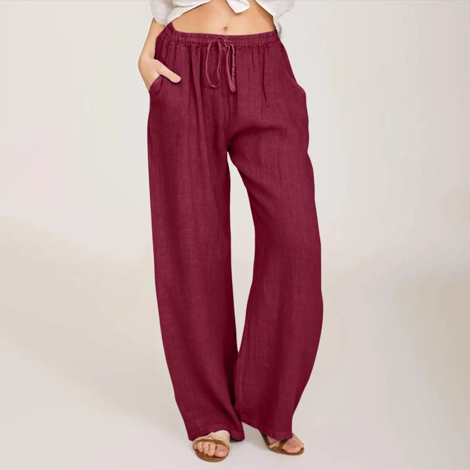 Dressy Capri Pants for Women Summer Linen Pants Wide Leg with Pockets Drawstring Casual Flowy Palazzo Cute Capris