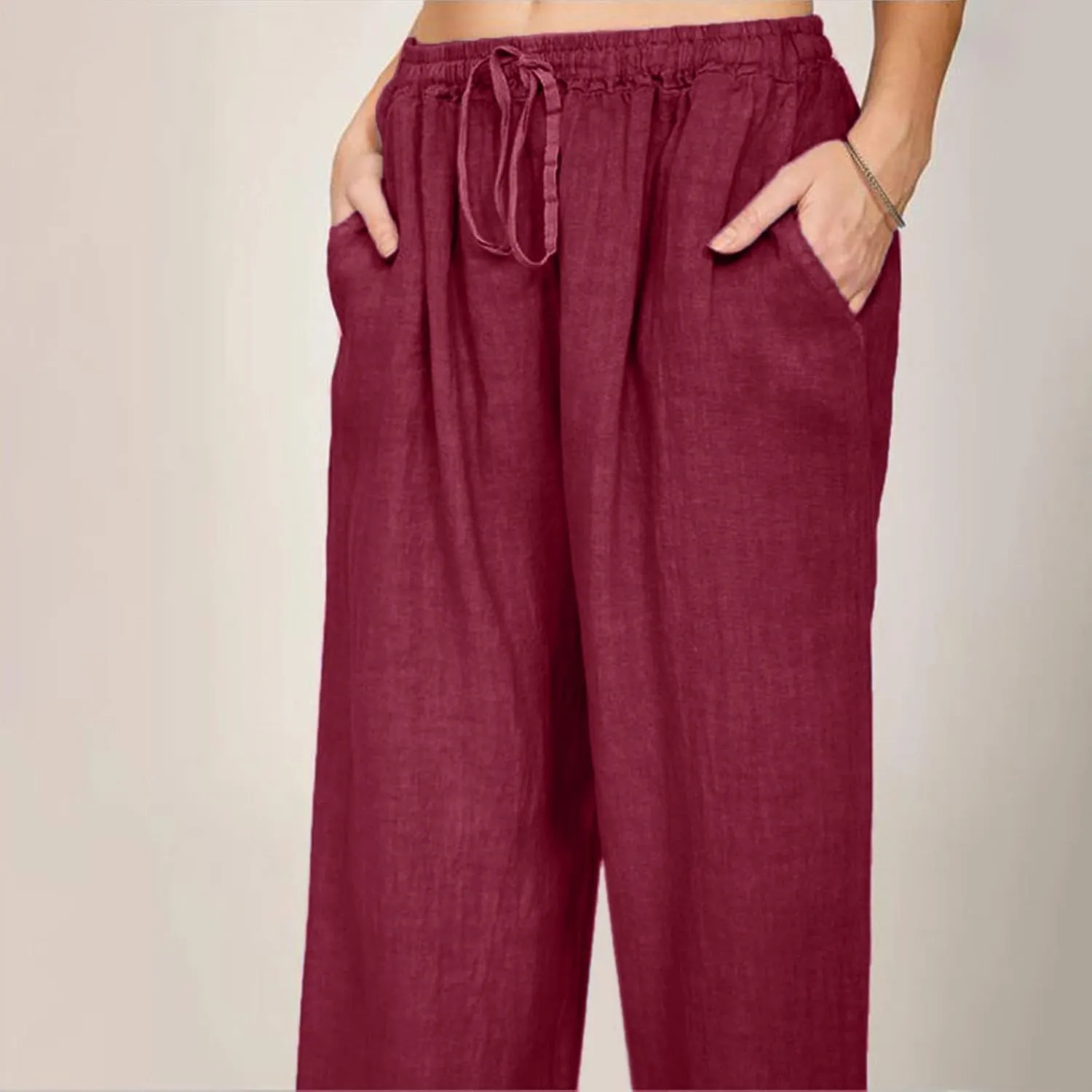 Dressy Capri Pants for Women Summer Linen Pants Wide Leg with Pockets Drawstring Casual Flowy Palazzo Cute Capris