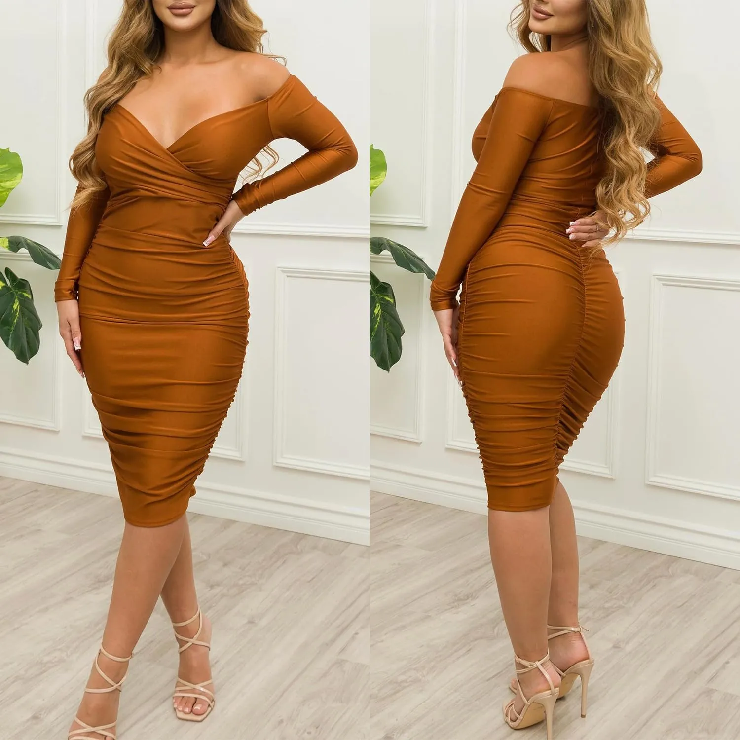 Ekaliy Women's Sexy Black Off The Shoulder Midi Dress Long Sleeve Ruched Bodycon Dresses