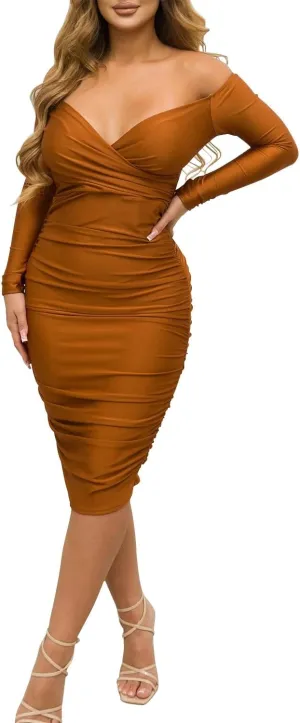 Ekaliy Women's Sexy Black Off The Shoulder Midi Dress Long Sleeve Ruched Bodycon Dresses