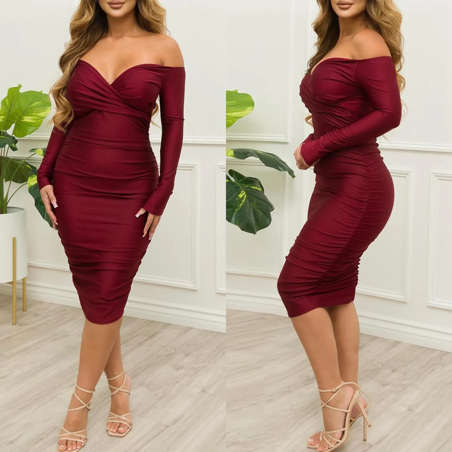 Ekaliy Women's Sexy Black Off The Shoulder Midi Dress Long Sleeve Ruched Bodycon Dresses