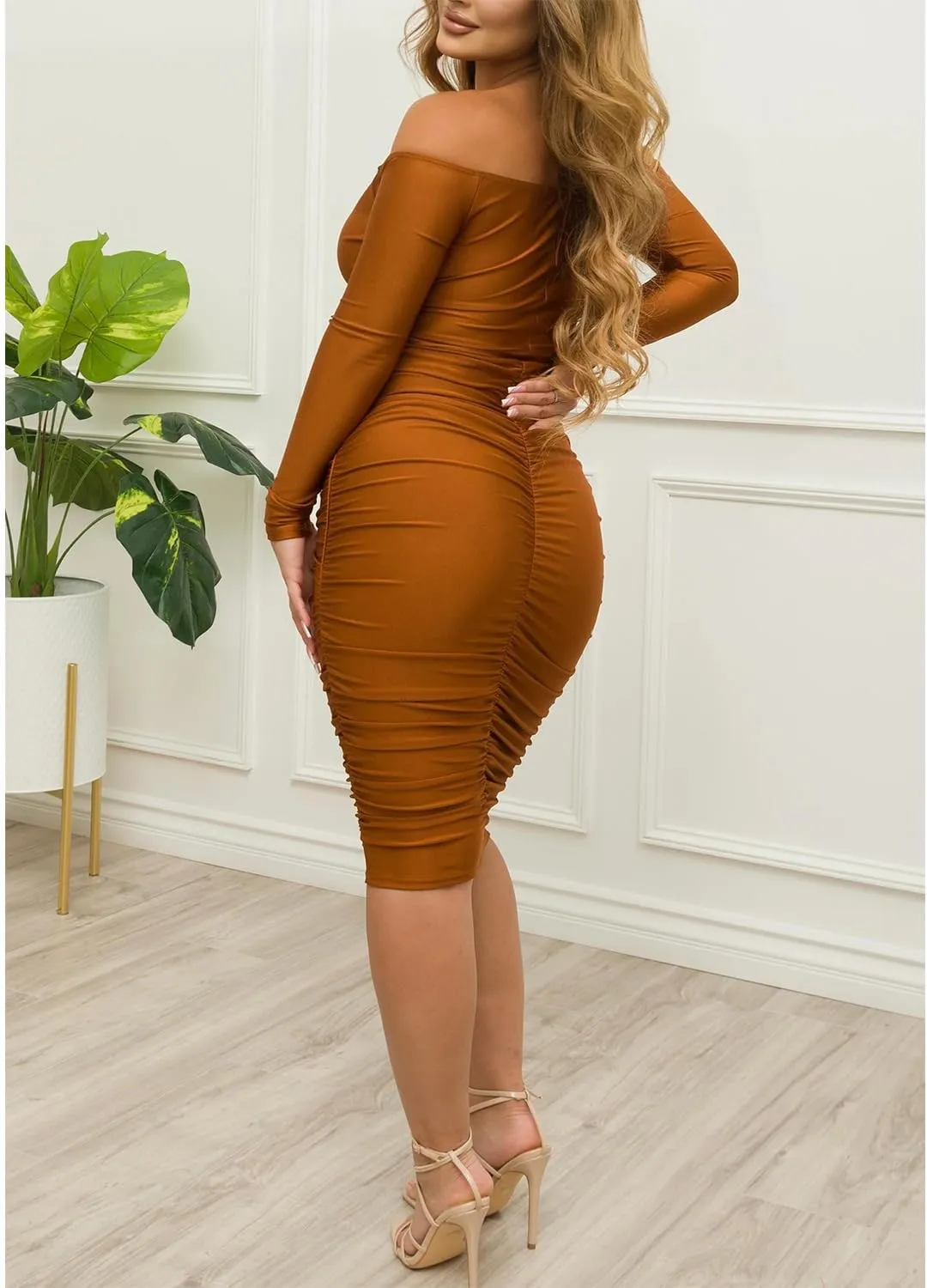 Ekaliy Women's Sexy Black Off The Shoulder Midi Dress Long Sleeve Ruched Bodycon Dresses