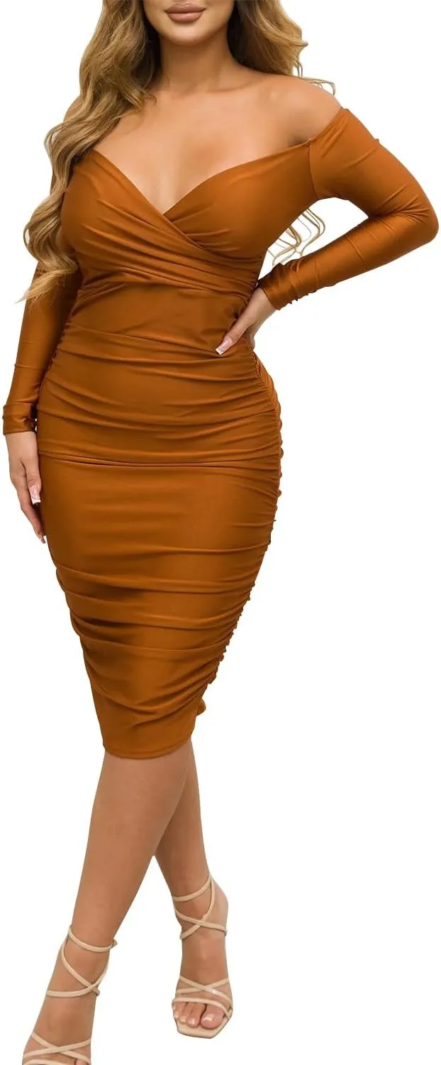 Ekaliy Women's Sexy Black Off The Shoulder Midi Dress Long Sleeve Ruched Bodycon Dresses