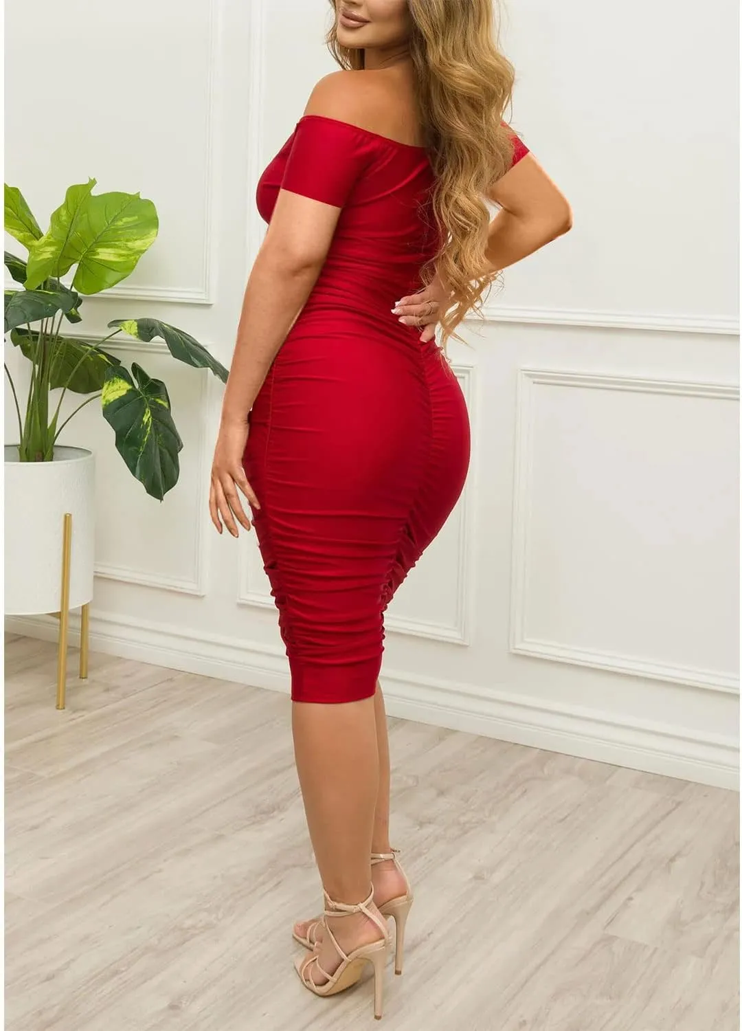 Ekaliy Women's Sexy Off The Shoulder Midi Dress Ruched Bodycon Dresses