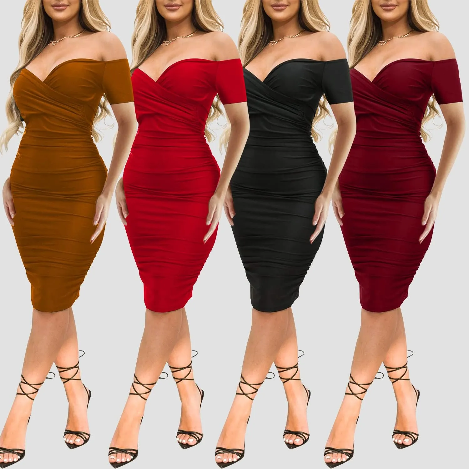 Ekaliy Women's Sexy Off The Shoulder Midi Dress Ruched Bodycon Dresses