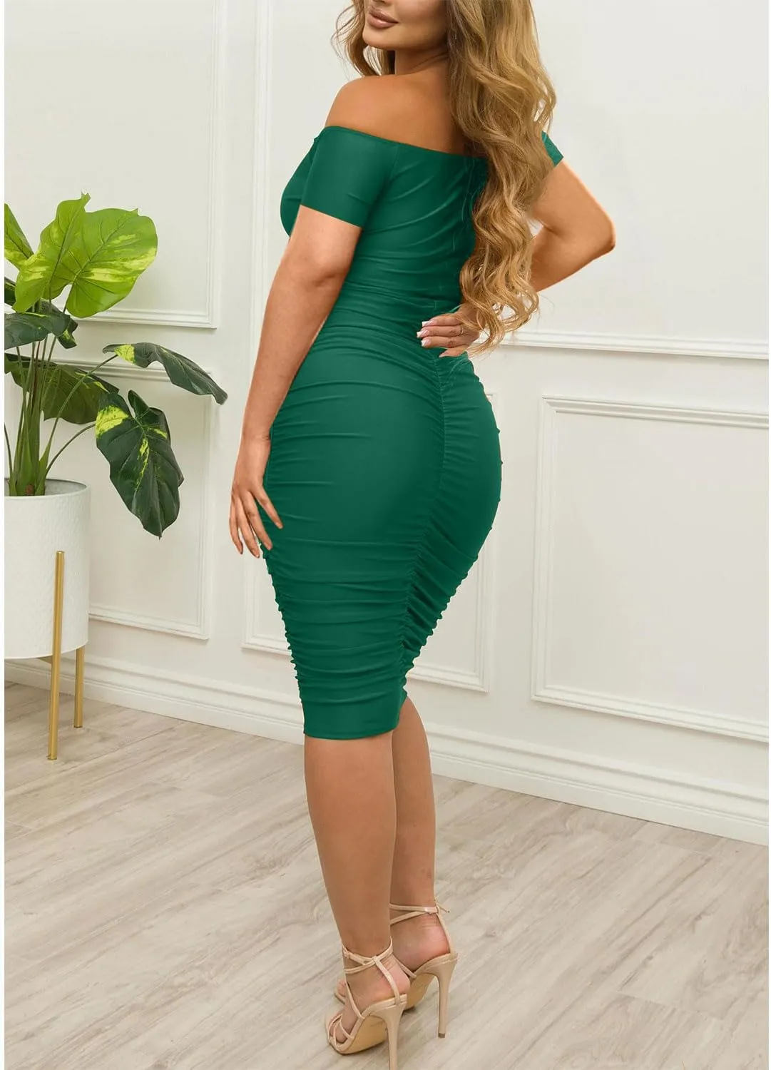 Ekaliy Women's Sexy Off The Shoulder Midi Dress Ruched Bodycon Dresses