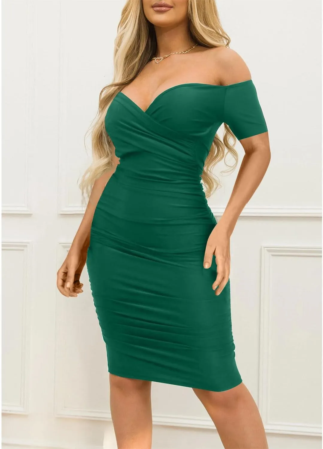 Ekaliy Women's Sexy Off The Shoulder Midi Dress Ruched Bodycon Dresses