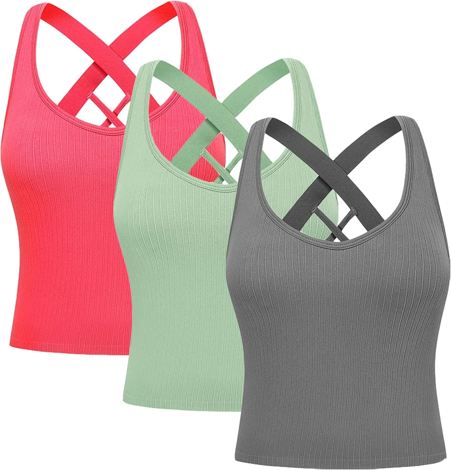 Evercute Workout Yoga Crop Tank Tops for Women 1/2/3 Pack Criss Cross Strappy Tops with Built in Bra Ribbed Seamless Tanks