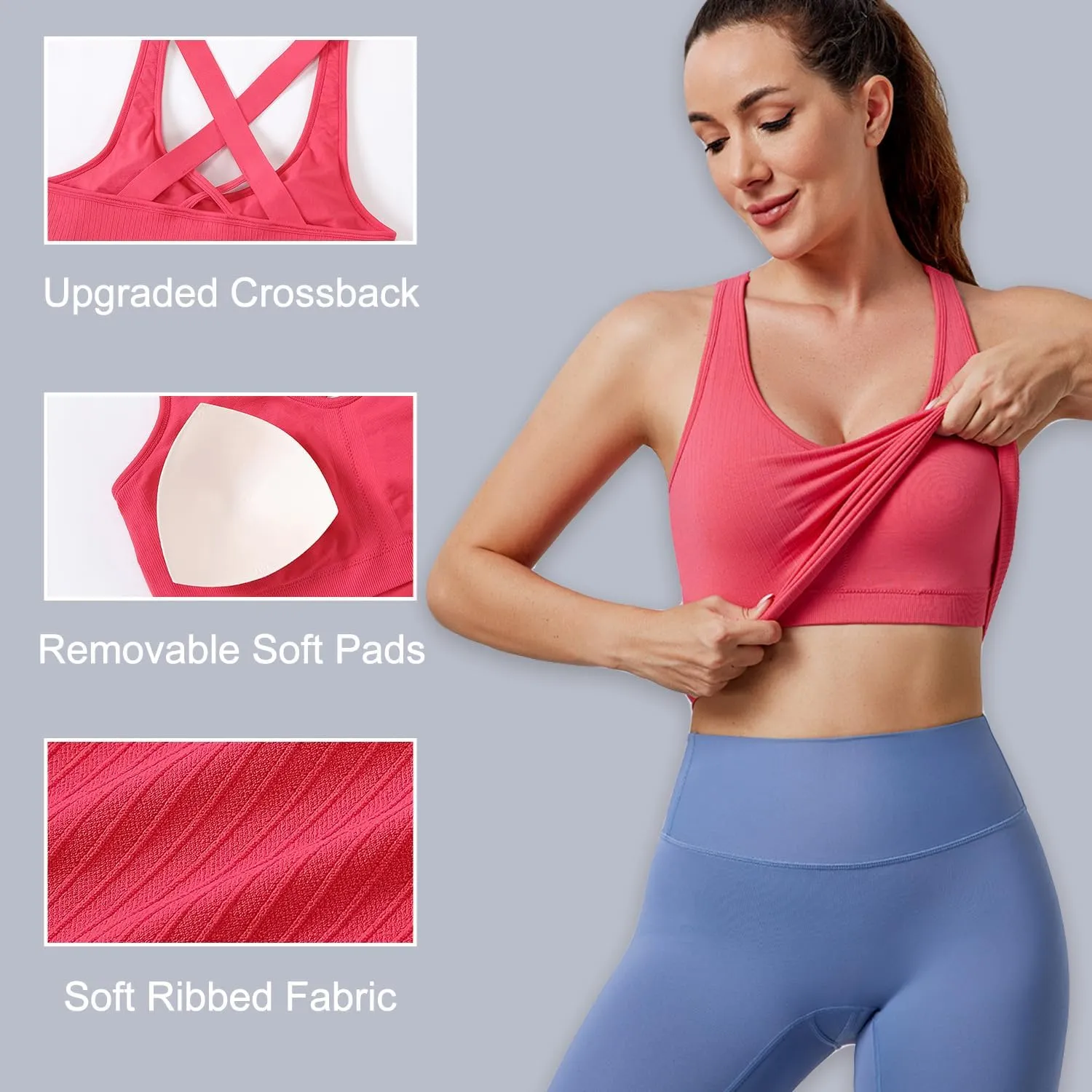 Evercute Workout Yoga Crop Tank Tops for Women 1/2/3 Pack Criss Cross Strappy Tops with Built in Bra Ribbed Seamless Tanks