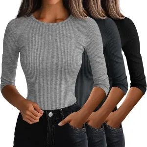 Ficerd 3 Pack 3/4 Sleeve Tops for Women, Cotton Knit Ribbed T Shirts Basic Slim Fit Stretch Tees Casual Crew Neck Shirts