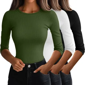 Ficerd 3 Pack 3/4 Sleeve Tops for Women, Cotton Knit Ribbed T Shirts Basic Slim Fit Stretch Tees Casual Crew Neck Shirts