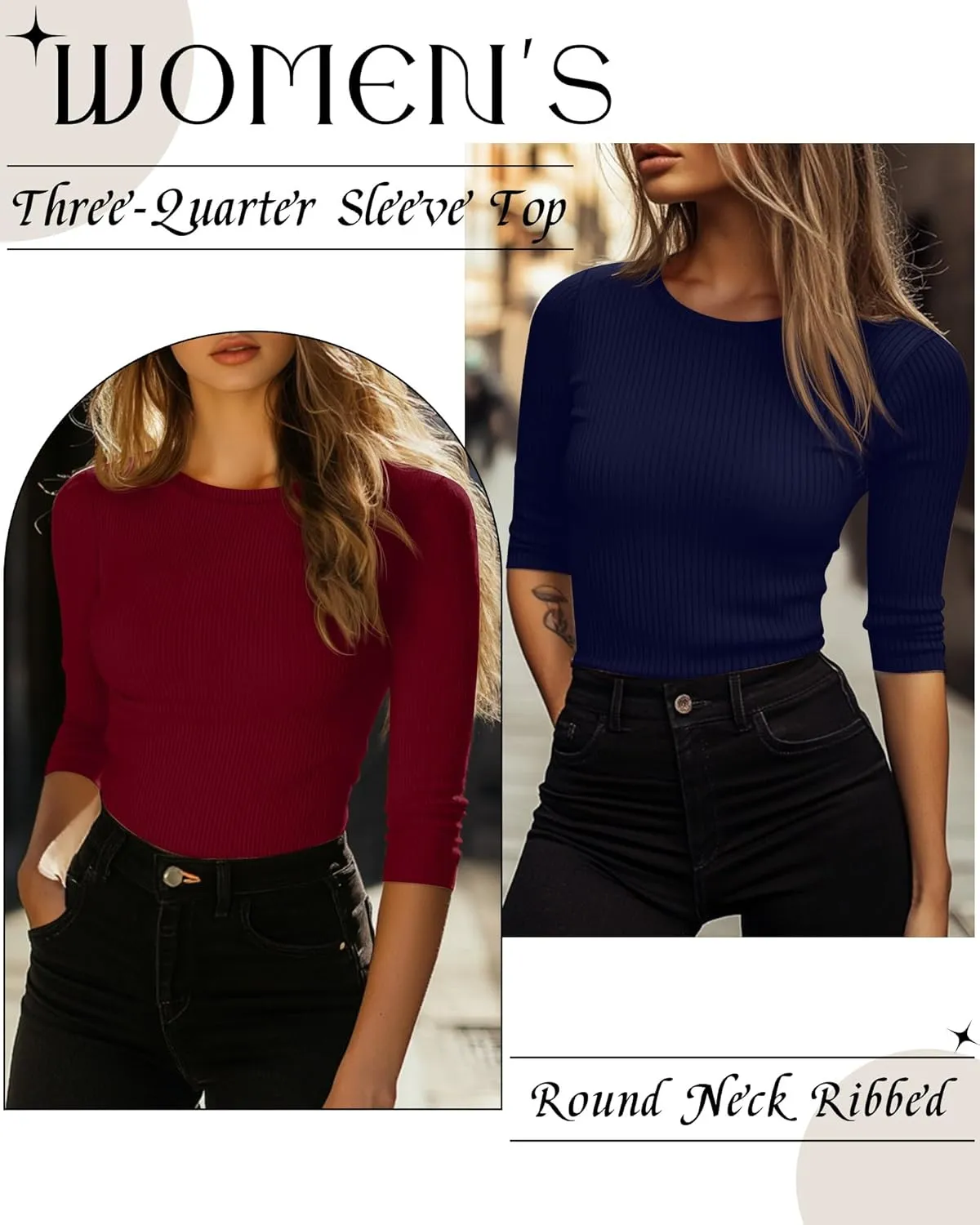 Ficerd 3 Pack 3/4 Sleeve Tops for Women, Cotton Knit Ribbed T Shirts Basic Slim Fit Stretch Tees Casual Crew Neck Shirts
