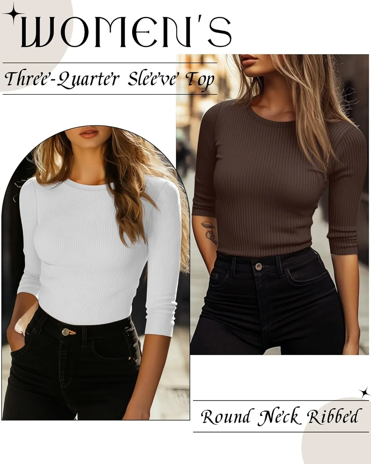 Ficerd 3 Pack 3/4 Sleeve Tops for Women, Cotton Knit Ribbed T Shirts Basic Slim Fit Stretch Tees Casual Crew Neck Shirts