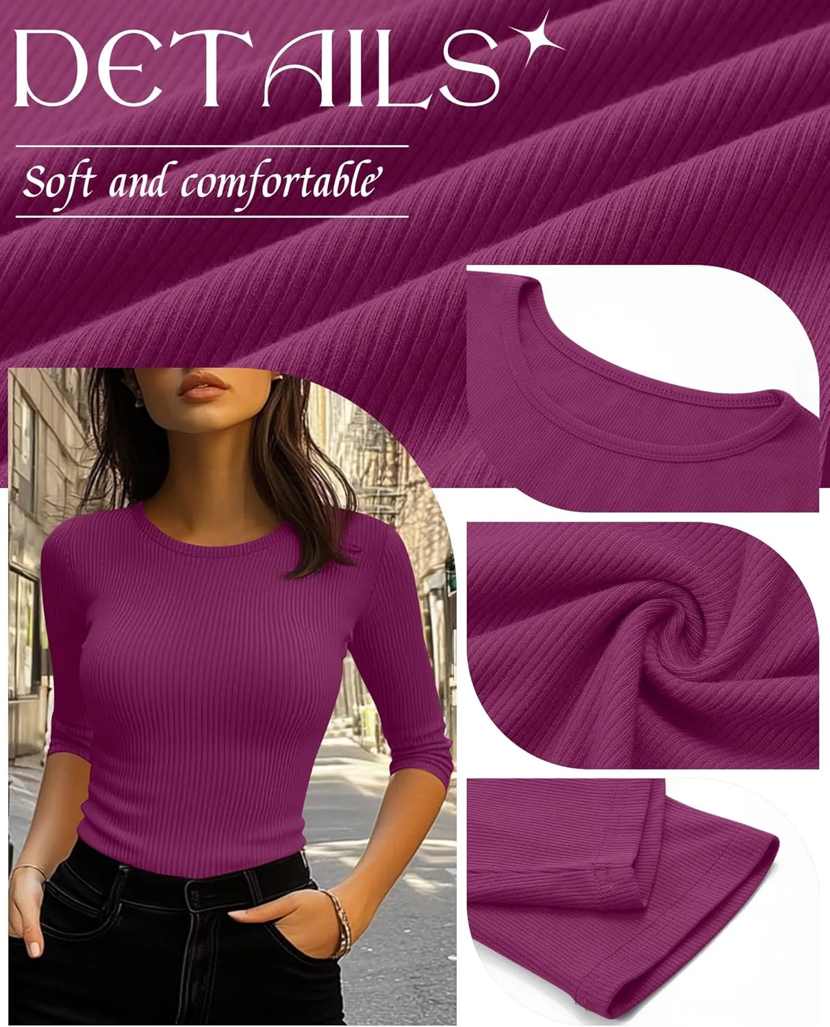 Ficerd 3 Pack 3/4 Sleeve Tops for Women, Cotton Knit Ribbed T Shirts Basic Slim Fit Stretch Tees Casual Crew Neck Shirts