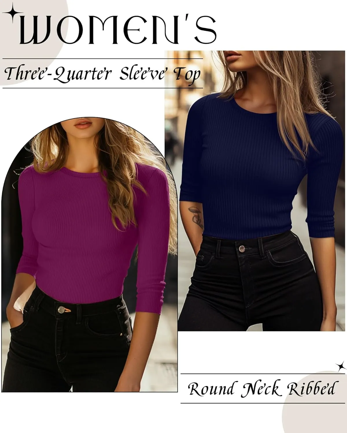Ficerd 3 Pack 3/4 Sleeve Tops for Women, Cotton Knit Ribbed T Shirts Basic Slim Fit Stretch Tees Casual Crew Neck Shirts