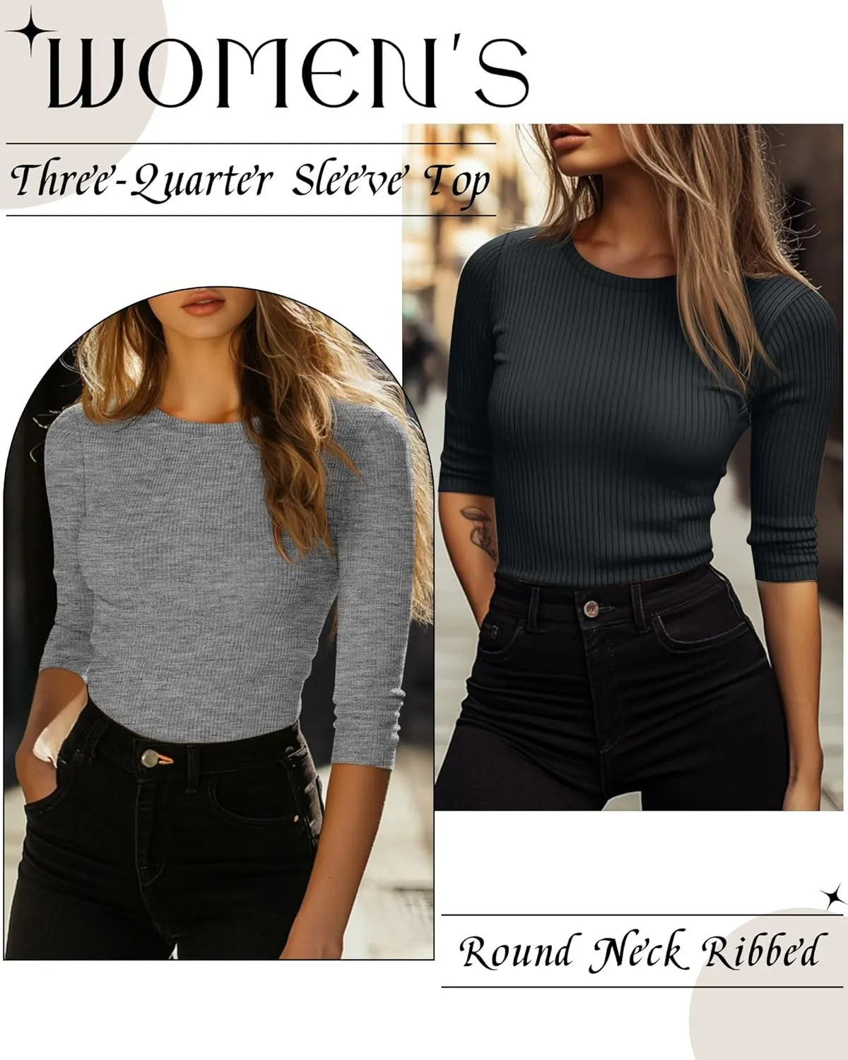 Ficerd 3 Pack 3/4 Sleeve Tops for Women, Cotton Knit Ribbed T Shirts Basic Slim Fit Stretch Tees Casual Crew Neck Shirts