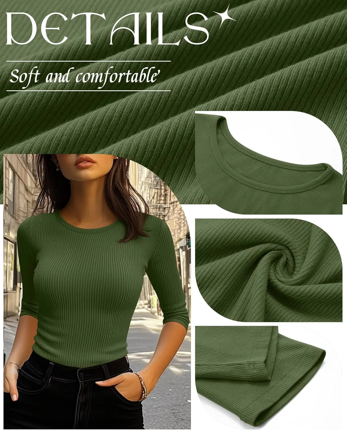 Ficerd 3 Pack 3/4 Sleeve Tops for Women, Cotton Knit Ribbed T Shirts Basic Slim Fit Stretch Tees Casual Crew Neck Shirts