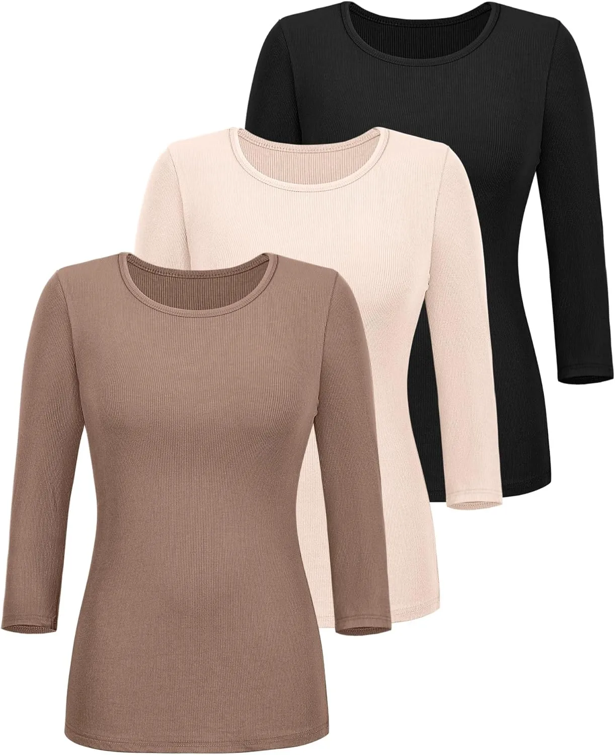 Ficerd 3 Pack 3/4 Sleeve Tops for Women, Cotton Knit Ribbed T Shirts Basic Slim Fit Stretch Tees Casual Crew Neck Shirts