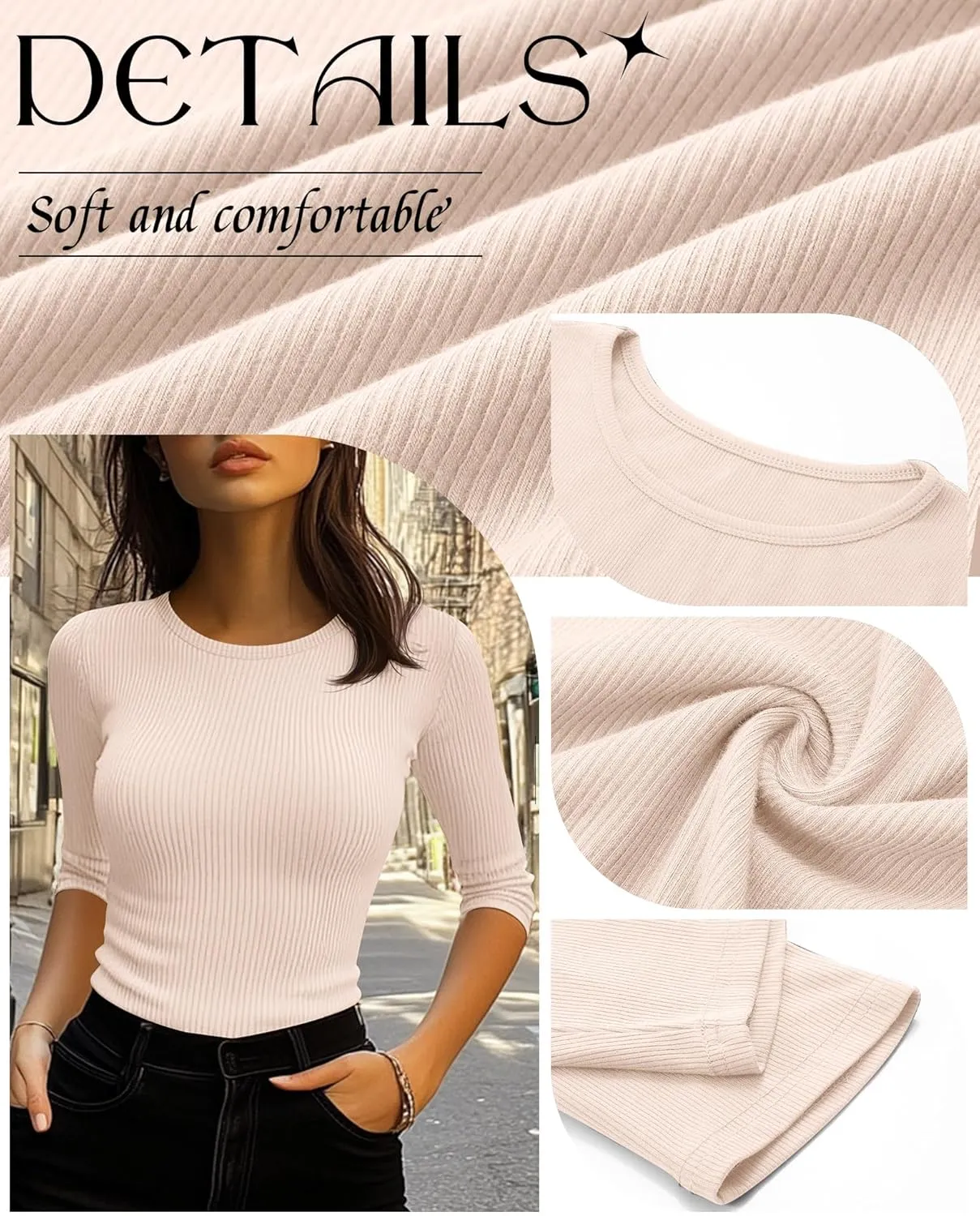 Ficerd 3 Pack 3/4 Sleeve Tops for Women, Cotton Knit Ribbed T Shirts Basic Slim Fit Stretch Tees Casual Crew Neck Shirts