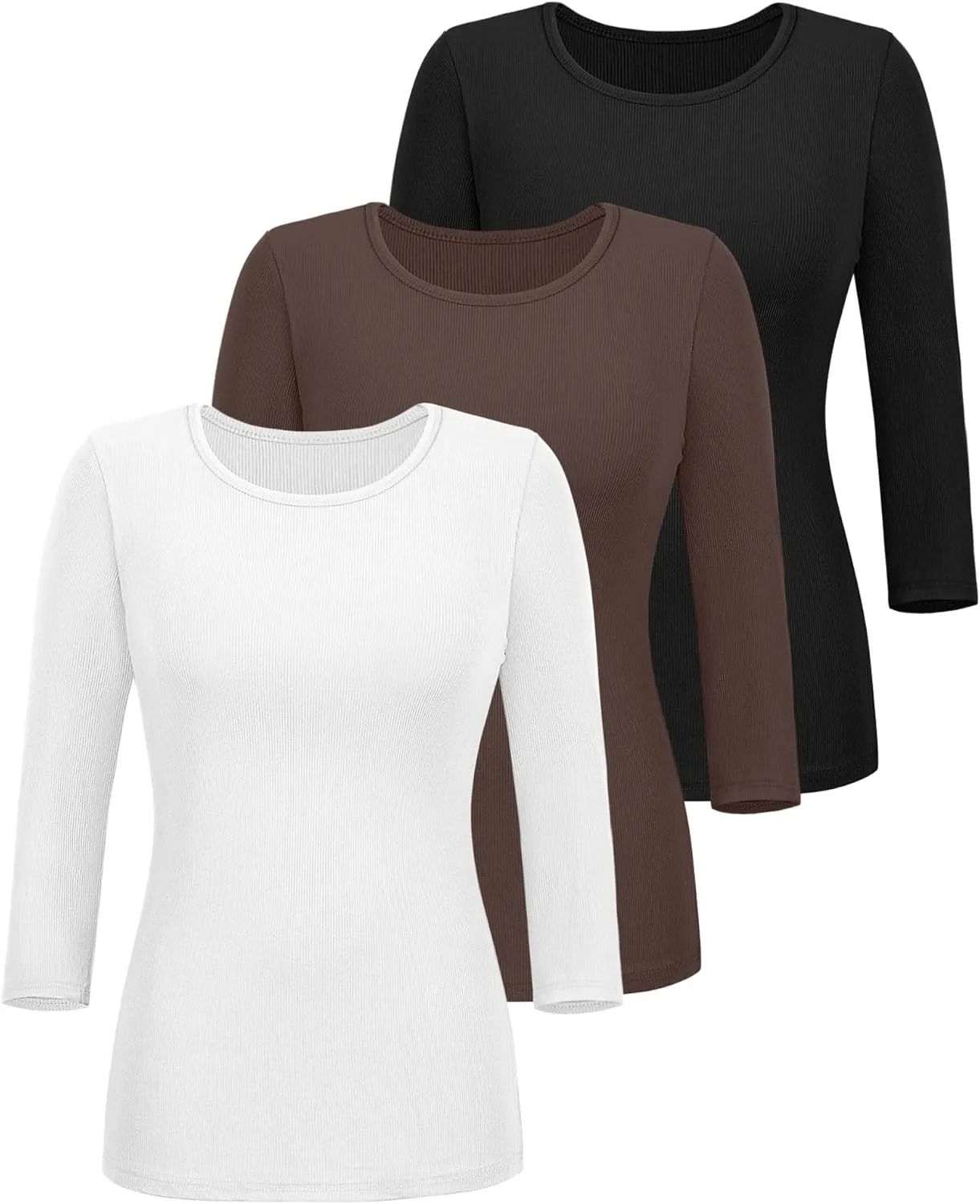 Ficerd 3 Pack 3/4 Sleeve Tops for Women, Cotton Knit Ribbed T Shirts Basic Slim Fit Stretch Tees Casual Crew Neck Shirts