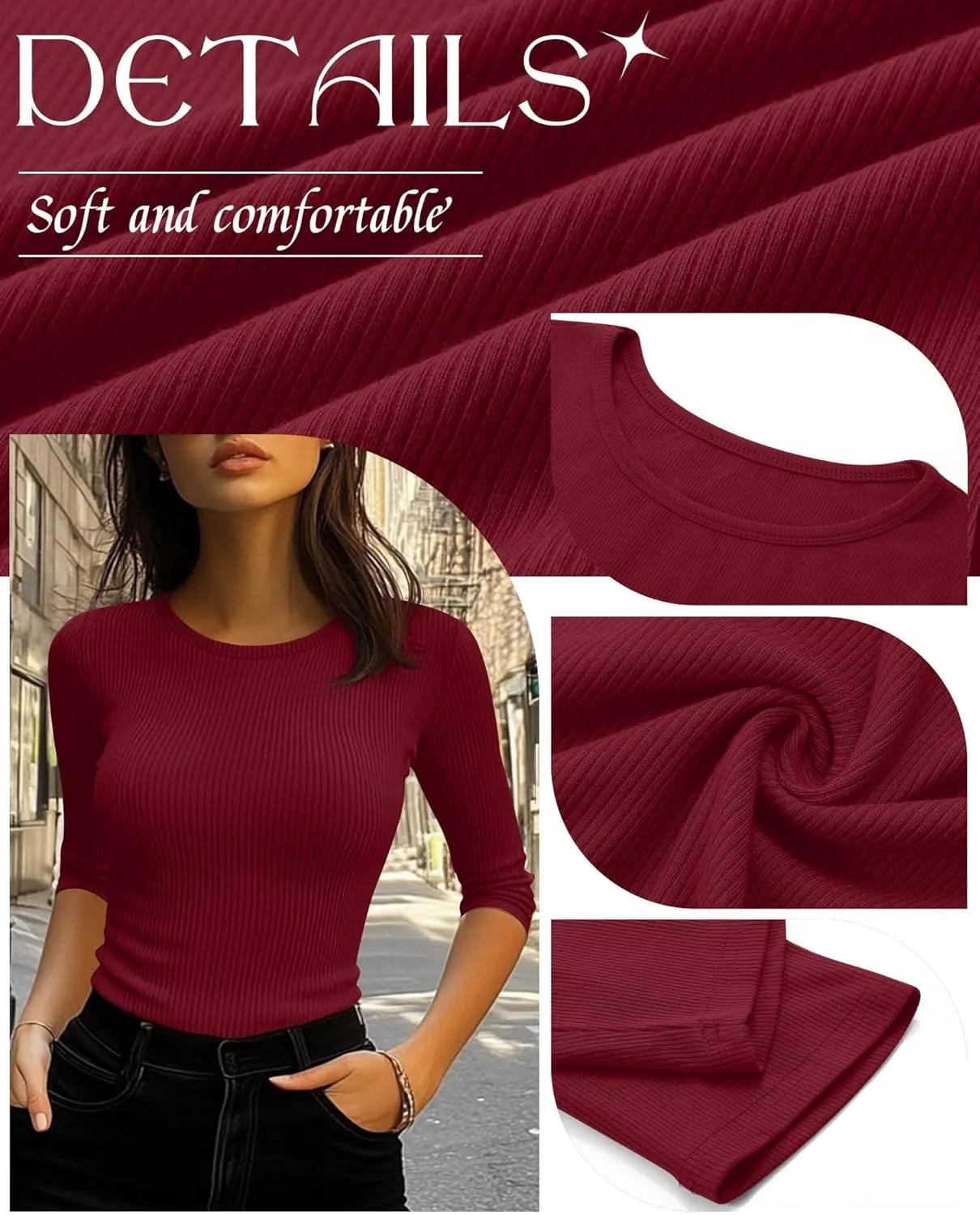Ficerd 3 Pack 3/4 Sleeve Tops for Women, Cotton Knit Ribbed T Shirts Basic Slim Fit Stretch Tees Casual Crew Neck Shirts