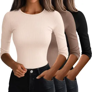Ficerd 3 Pack 3/4 Sleeve Tops for Women, Cotton Knit Ribbed T Shirts Basic Slim Fit Stretch Tees Casual Crew Neck Shirts