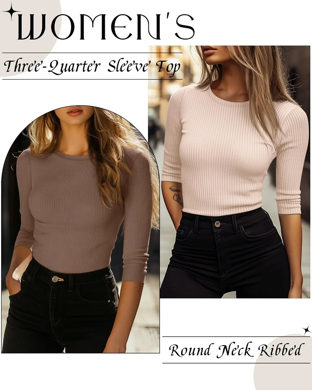 Ficerd 3 Pack 3/4 Sleeve Tops for Women, Cotton Knit Ribbed T Shirts Basic Slim Fit Stretch Tees Casual Crew Neck Shirts