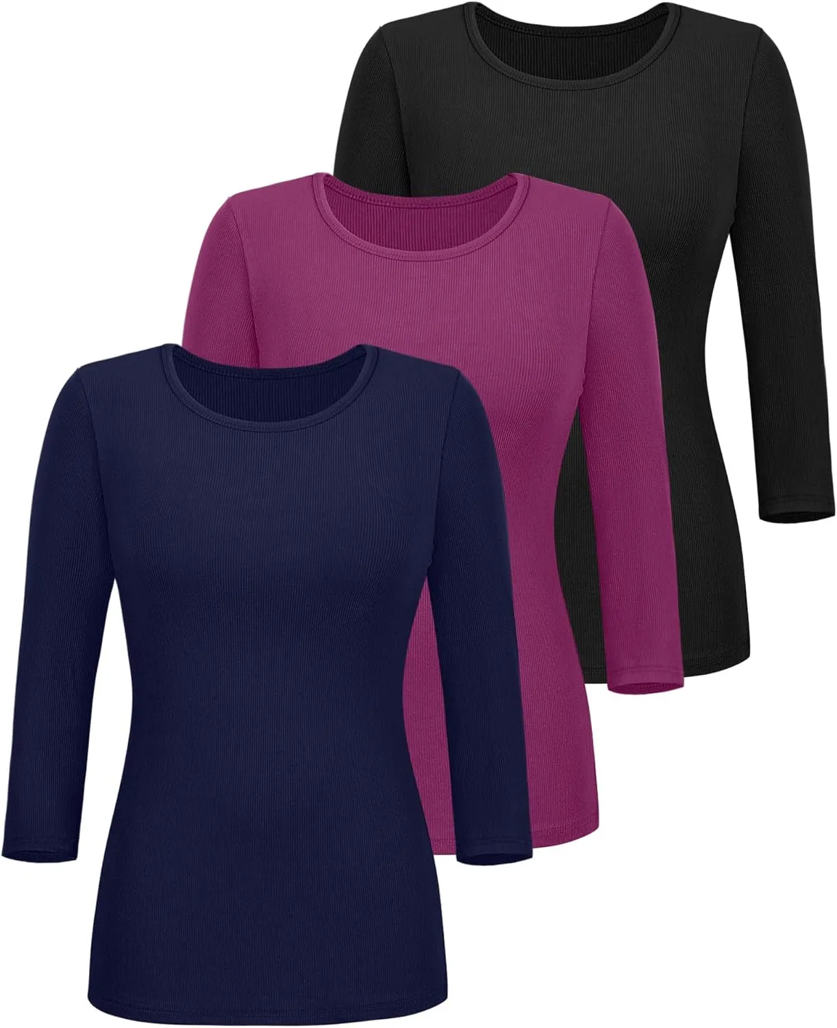 Ficerd 3 Pack 3/4 Sleeve Tops for Women, Cotton Knit Ribbed T Shirts Basic Slim Fit Stretch Tees Casual Crew Neck Shirts