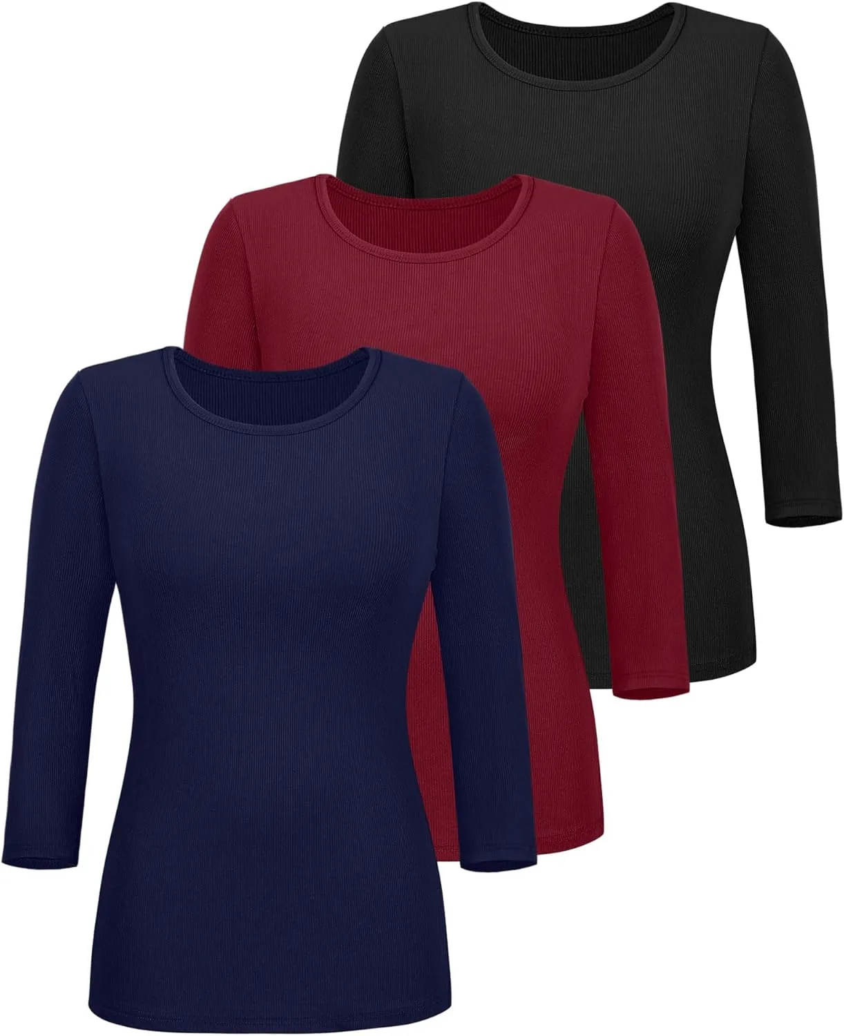 Ficerd 3 Pack 3/4 Sleeve Tops for Women, Cotton Knit Ribbed T Shirts Basic Slim Fit Stretch Tees Casual Crew Neck Shirts