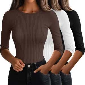 Ficerd 3 Pack 3/4 Sleeve Tops for Women, Cotton Knit Ribbed T Shirts Basic Slim Fit Stretch Tees Casual Crew Neck Shirts