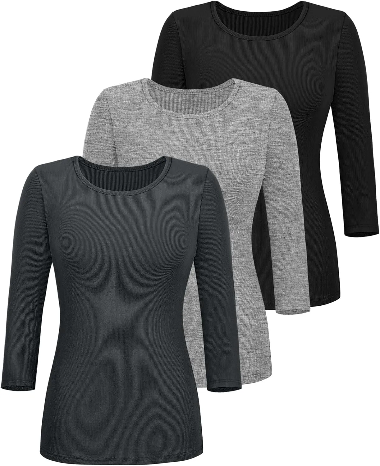 Ficerd 3 Pack 3/4 Sleeve Tops for Women, Cotton Knit Ribbed T Shirts Basic Slim Fit Stretch Tees Casual Crew Neck Shirts