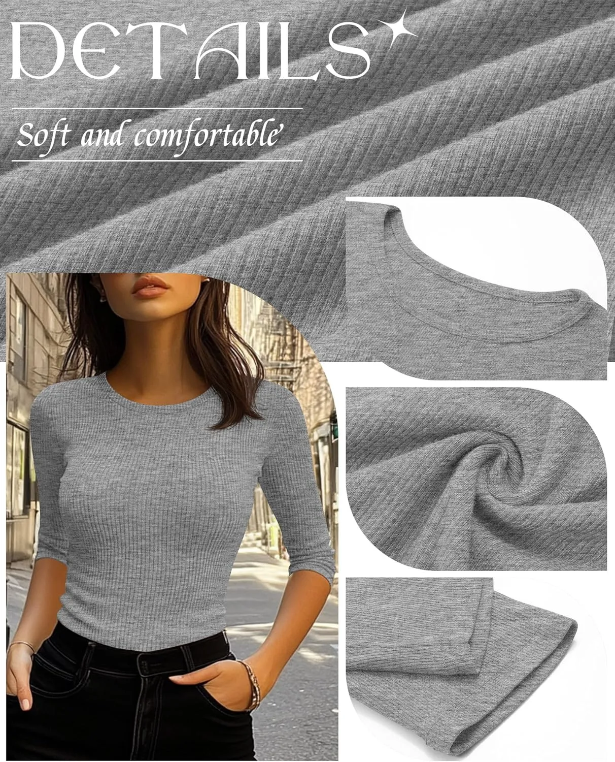 Ficerd 3 Pack 3/4 Sleeve Tops for Women, Cotton Knit Ribbed T Shirts Basic Slim Fit Stretch Tees Casual Crew Neck Shirts