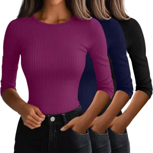 Ficerd 3 Pack 3/4 Sleeve Tops for Women, Cotton Knit Ribbed T Shirts Basic Slim Fit Stretch Tees Casual Crew Neck Shirts