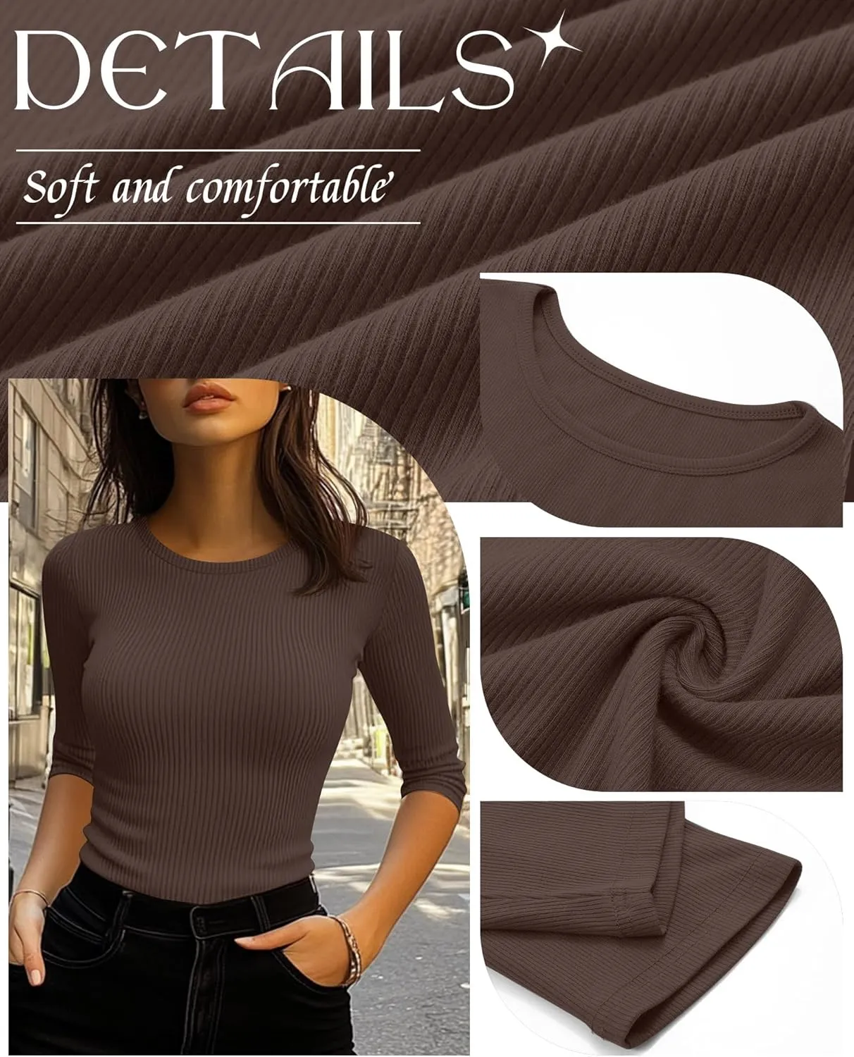 Ficerd 3 Pack 3/4 Sleeve Tops for Women, Cotton Knit Ribbed T Shirts Basic Slim Fit Stretch Tees Casual Crew Neck Shirts