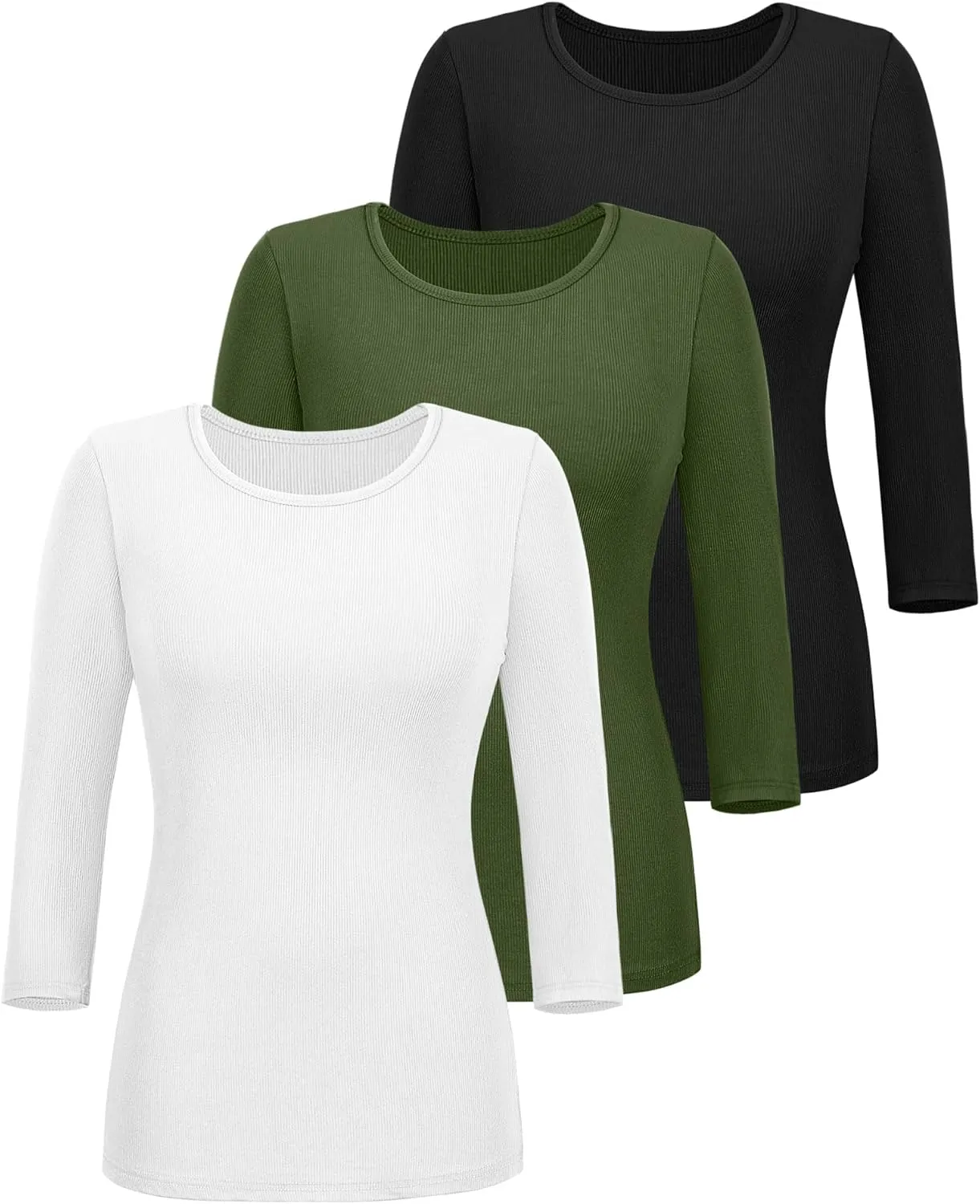 Ficerd 3 Pack 3/4 Sleeve Tops for Women, Cotton Knit Ribbed T Shirts Basic Slim Fit Stretch Tees Casual Crew Neck Shirts