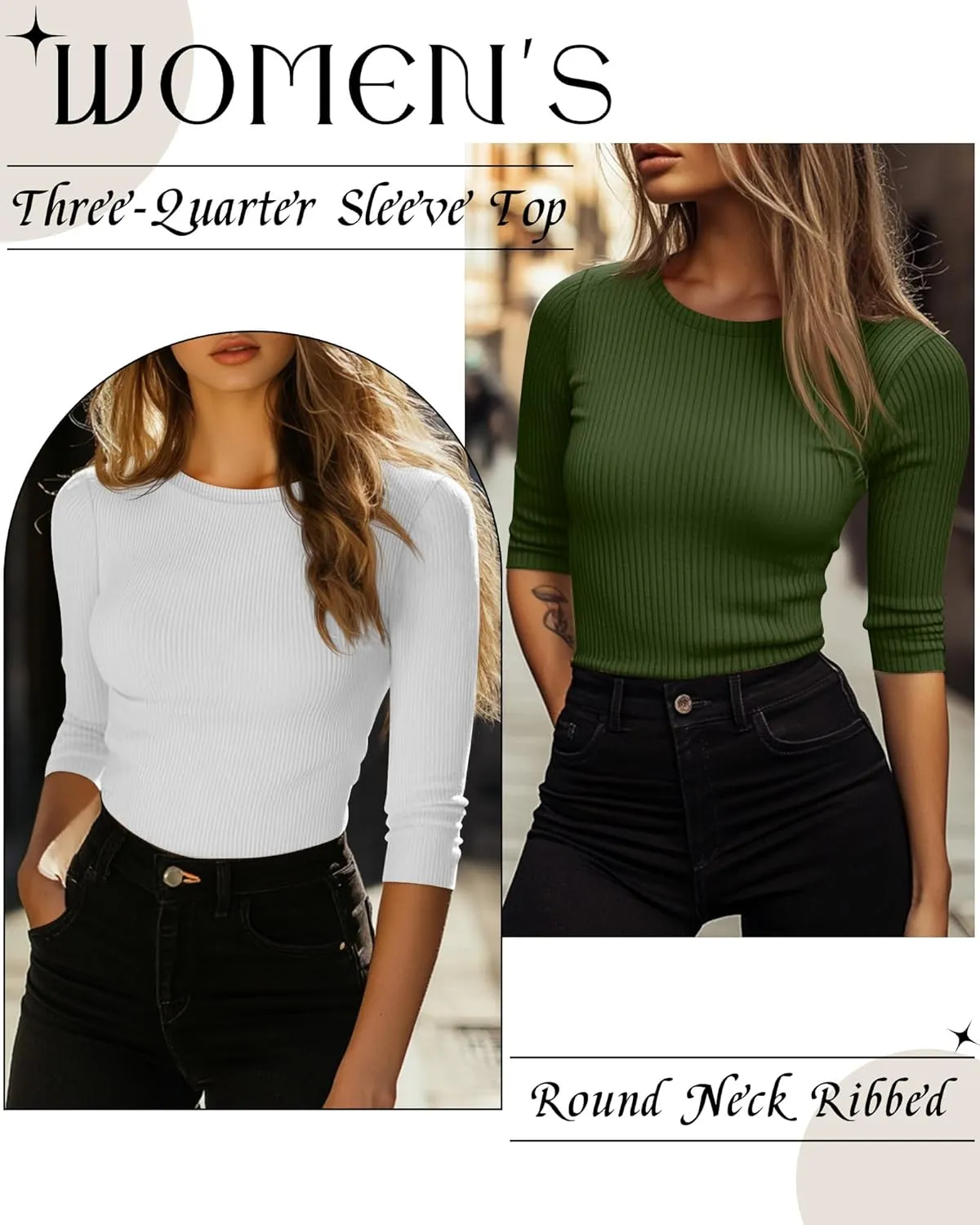 Ficerd 3 Pack 3/4 Sleeve Tops for Women, Cotton Knit Ribbed T Shirts Basic Slim Fit Stretch Tees Casual Crew Neck Shirts