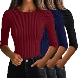 Ficerd 3 Pack 3/4 Sleeve Tops for Women, Cotton Knit Ribbed T Shirts Basic Slim Fit Stretch Tees Casual Crew Neck Shirts