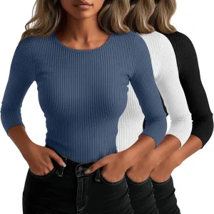 Ficerd 3 Pack 3/4 Sleeve Tops for Women, Cotton Knit Ribbed T Shirts Basic Slim Fit Stretch Tees Casual Crew Neck Shirts(Black, White, Haze Blue,Small)