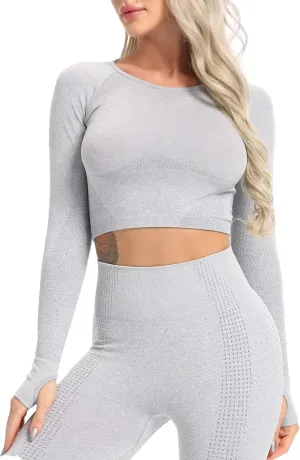 FITTOO Women's Long Sleeves Workout Crop Tops Seamless Sports Shirts Fitness Activewear