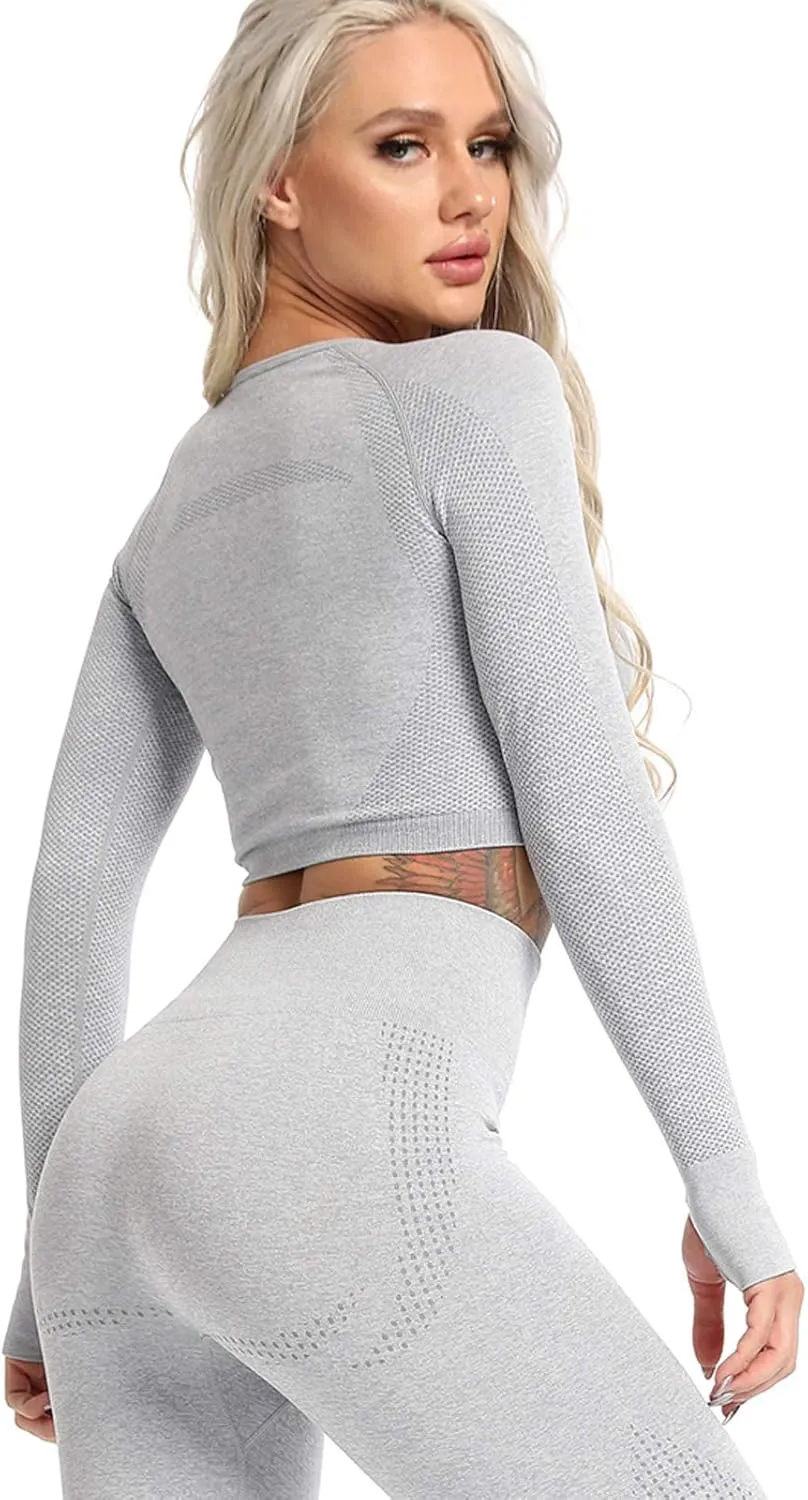 FITTOO Women's Long Sleeves Workout Crop Tops Seamless Sports Shirts Fitness Activewear